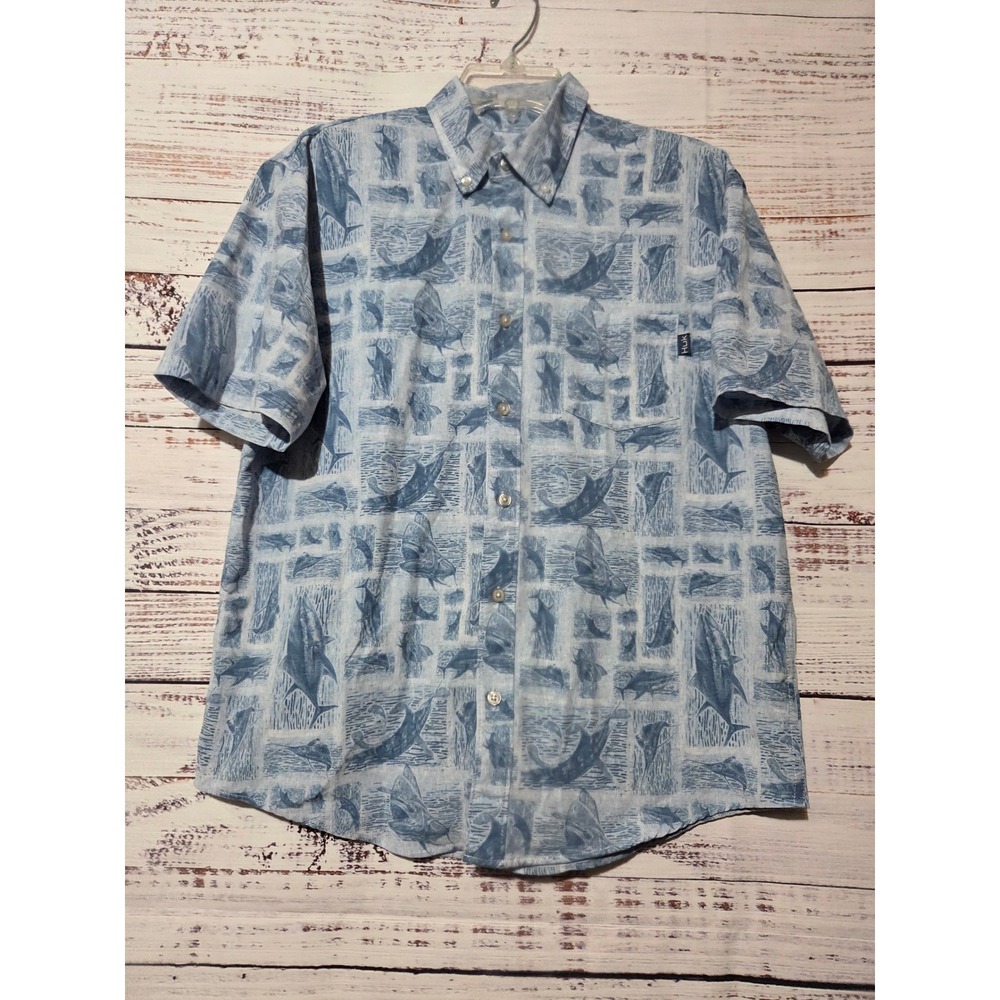 Huk Fishing Mens Small Blue Fish Print Short Sleeve Button Down Performance Top